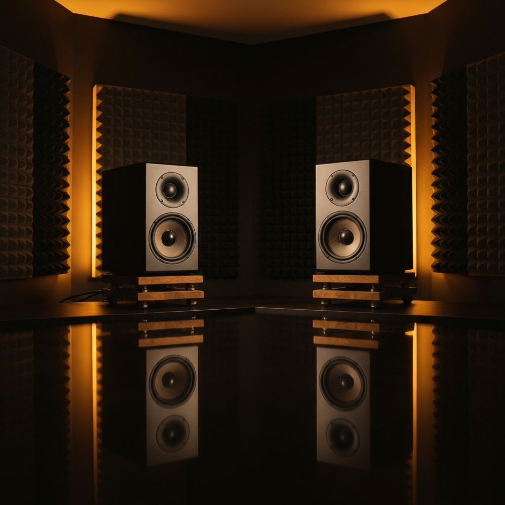 Studio reference monitors in a professional mastering room